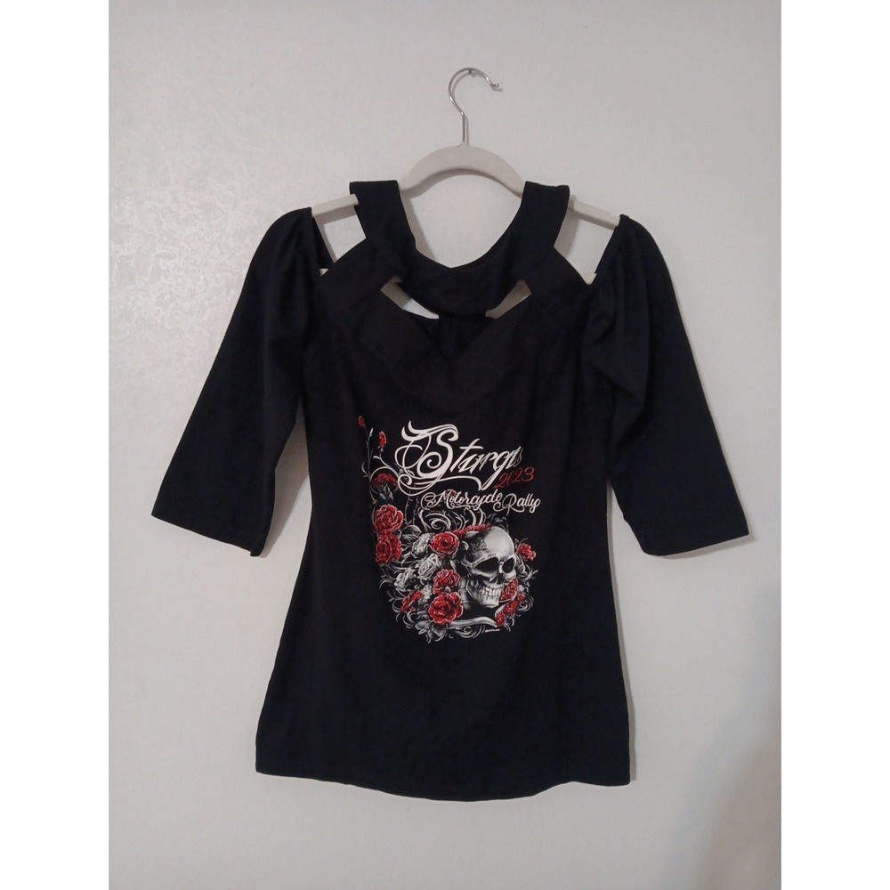Bikers Den Women's Top‎ Sz XL Black Skull Sturgis MC Rally 2023 memento mori...
